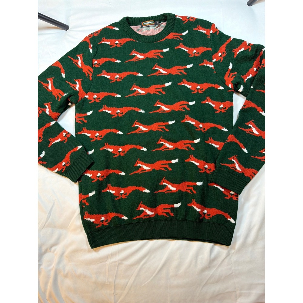 Run & Fly Mens Green Leaping Fox Knit Sweater Made in England Size M